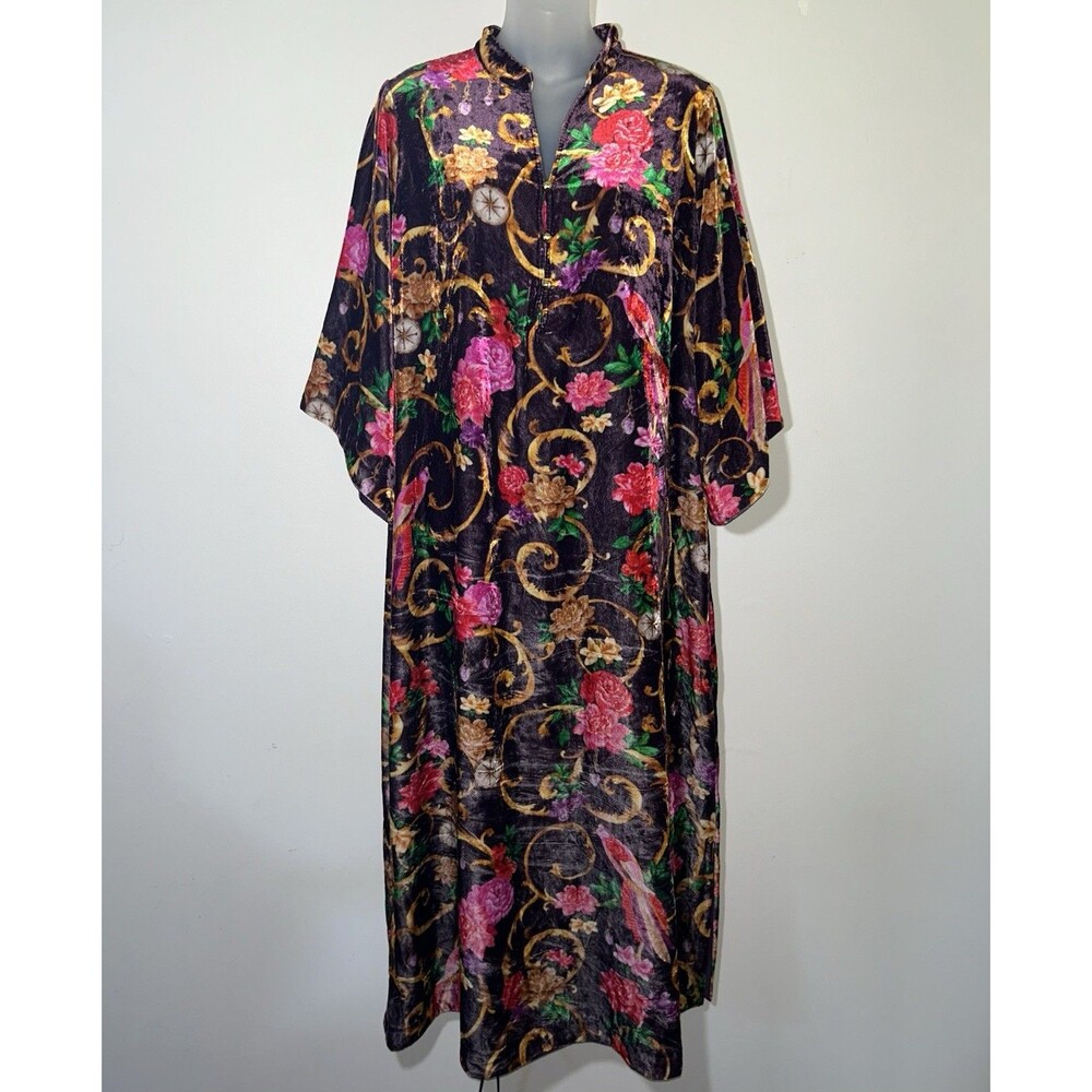 Alden Adair Jerry Velvet Dress Arabesque Floral Baroque Kimono Kaftan Maxi Sz L